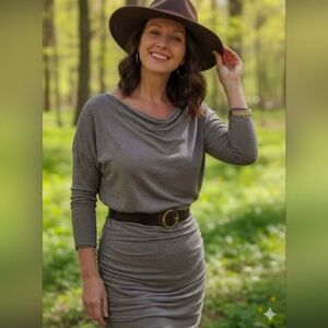 Athleta Solstice Body Conscious Wool Modal Ruched Dress Taupe Mocha Size M